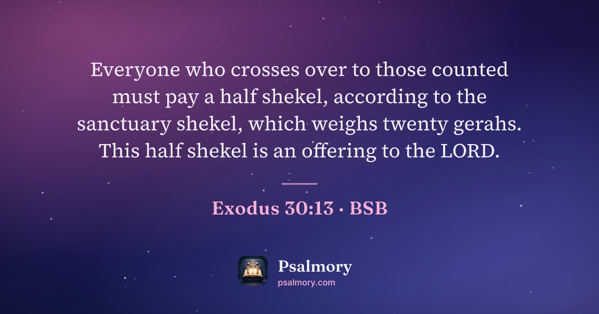 Exodus 30:13 verse artwork: Everyone who crosses over to those counted must pay a half shekel, according to the…