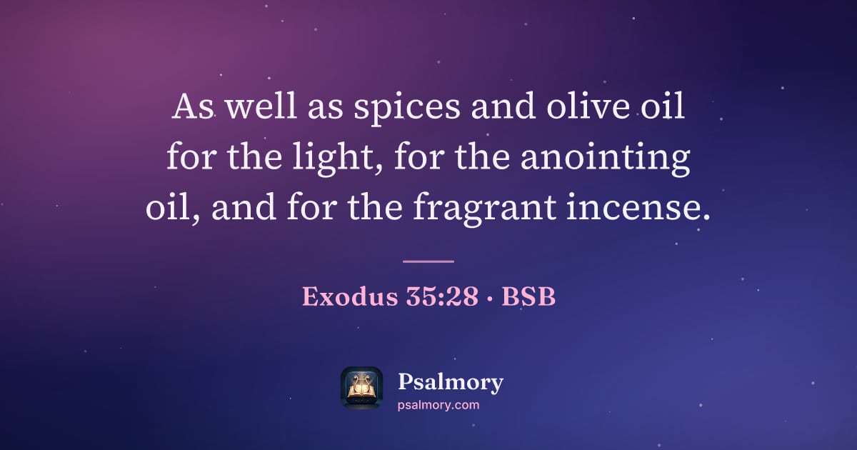 Exodus 35:28 verse artwork: As well as spices and olive oil for the light, for the anointing oil, and for the…