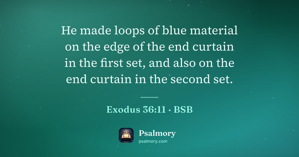 Exodus 36:11 verse artwork: He made loops of blue material on the edge of the end curtain in the first set, and also…