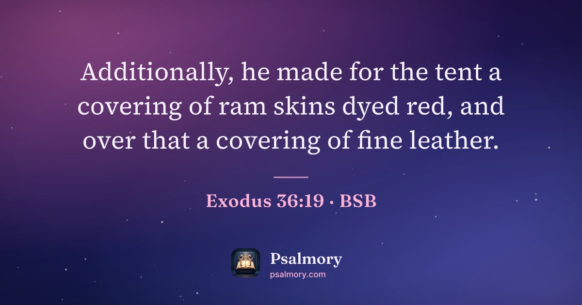Exodus 36:19 verse artwork: Additionally, he made for the tent a covering of ram skins dyed red, and over that a…