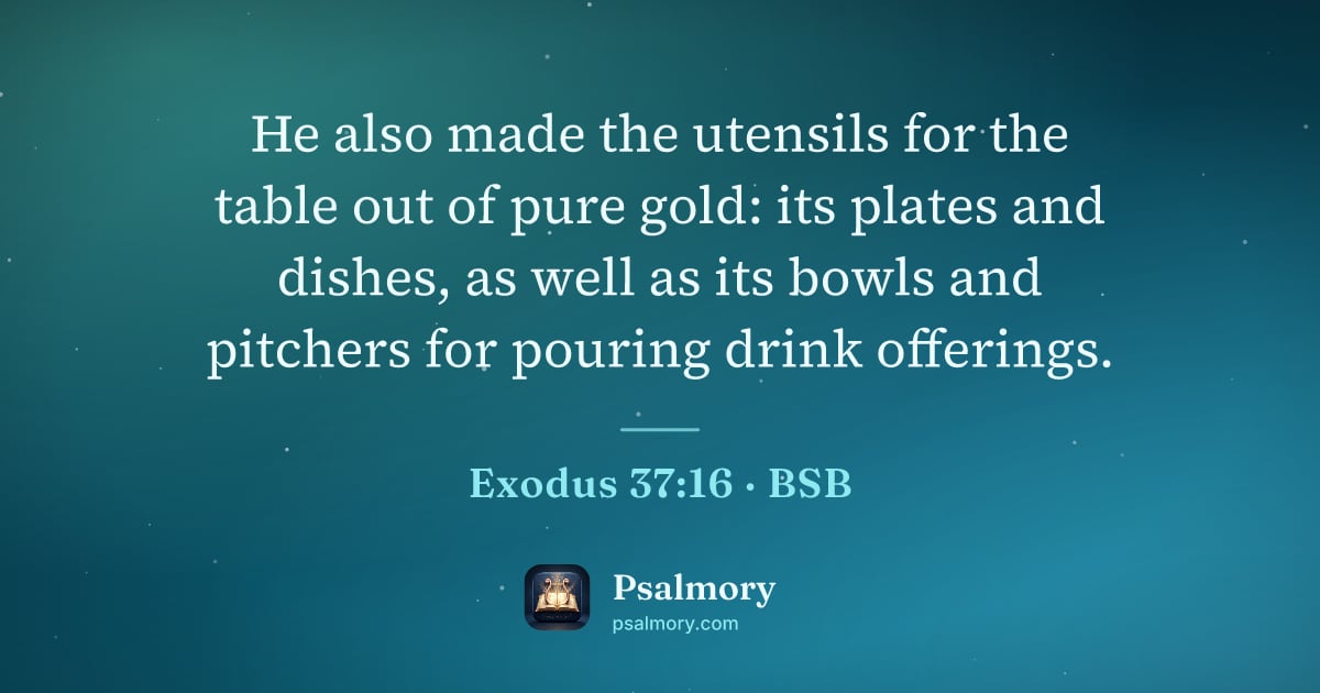 Exodus 37:16 verse artwork: He also made the utensils for the table out of pure gold: its plates and dishes, as well…