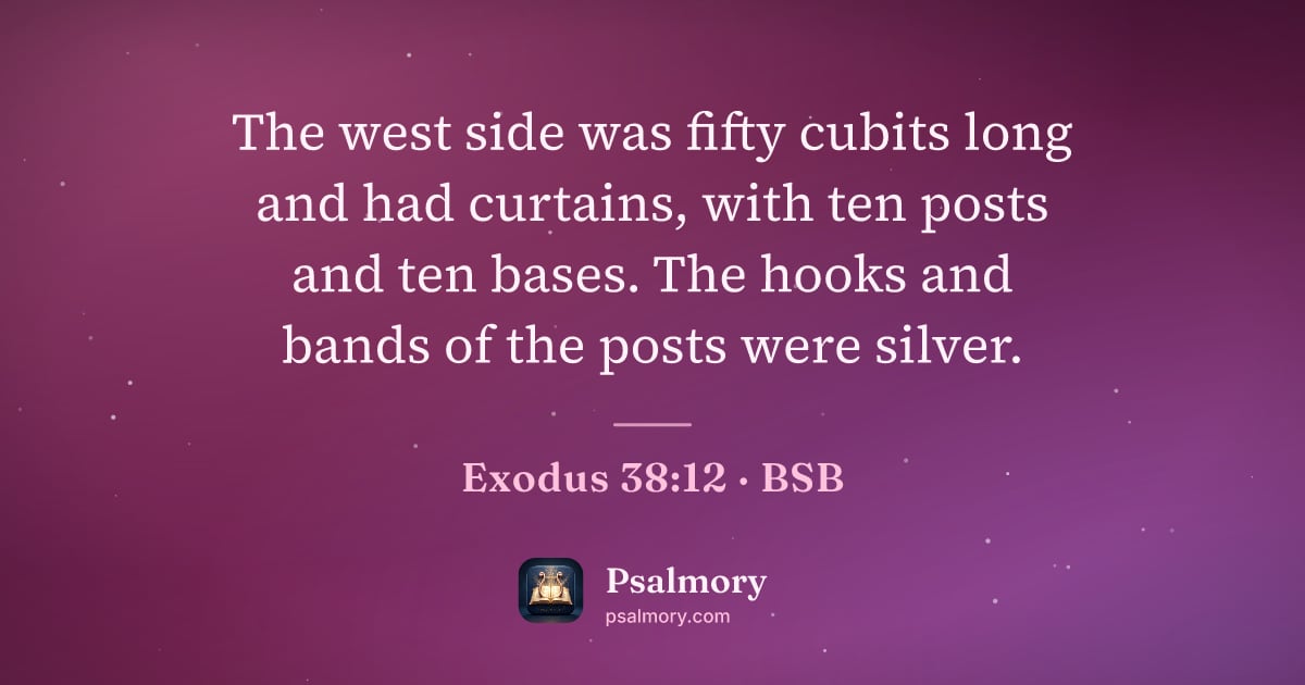 Exodus 38:12 verse artwork: The west side was fifty cubits long and had curtains, with ten posts and ten bases. The…