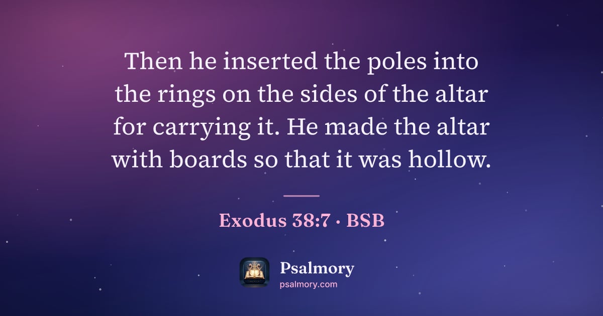 Exodus 38:7 verse artwork: Then he inserted the poles into the rings on the sides of the altar for carrying it. He…