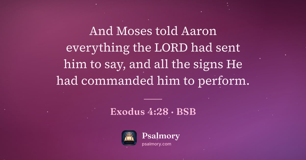 Exodus 4:28 verse artwork: And Moses told Aaron everything the LORD had sent him to say, and all the signs He had…