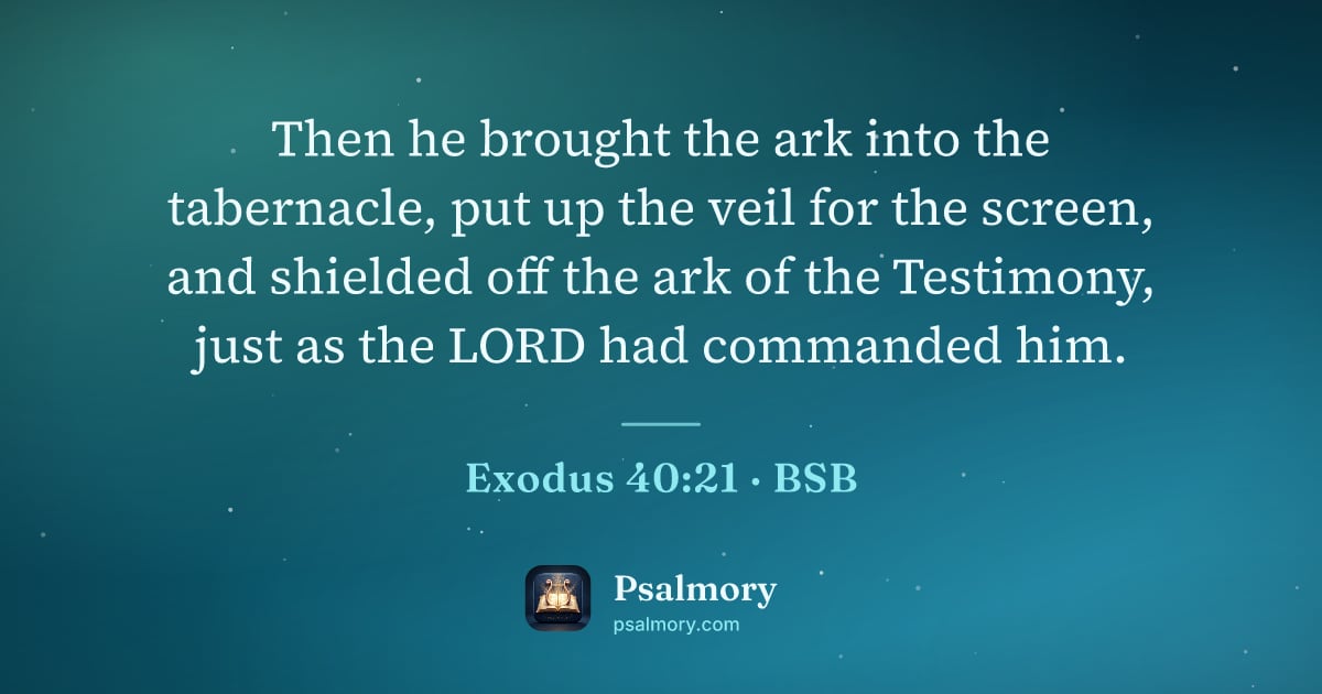 Exodus 40:21 verse artwork: Then he brought the ark into the tabernacle, put up the veil for the screen, and…