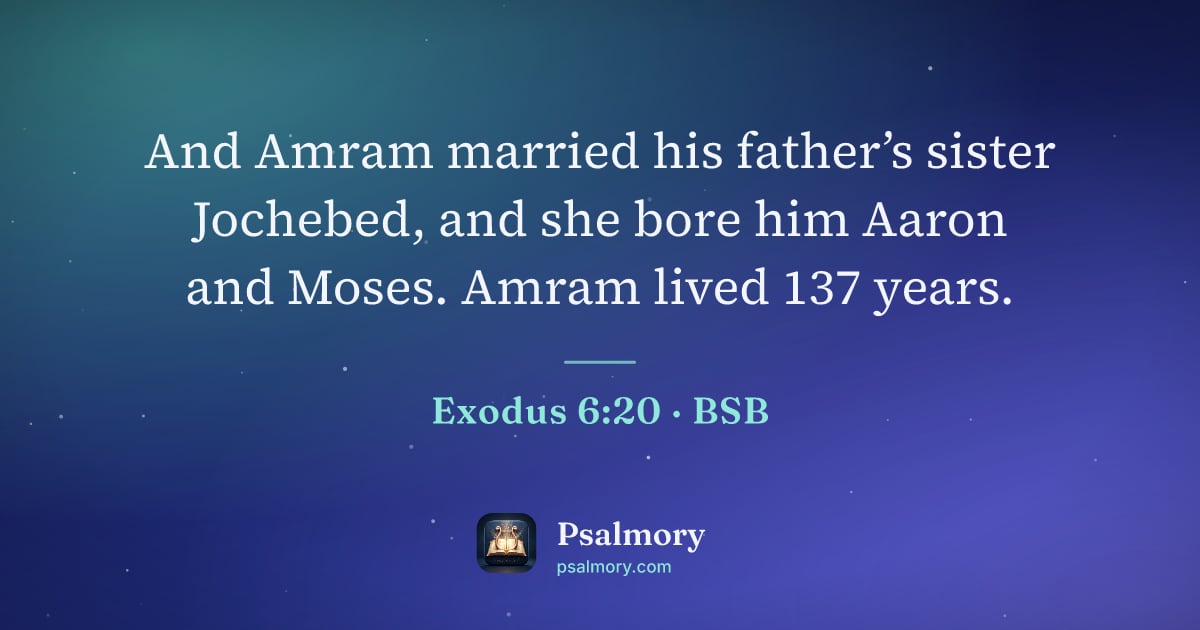 Exodus 6:20 verse artwork: And Amram married his father’s sister Jochebed, and she bore him Aaron and Moses. Amram…