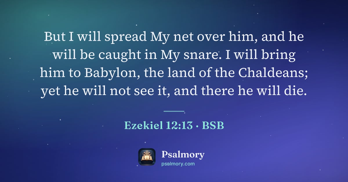 Ezekiel 12:13 verse artwork: But I will spread My net over him, and he will be caught in My snare. I will bring him…