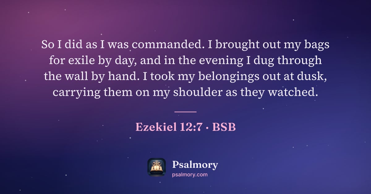 Ezekiel 12:7 verse artwork: So I did as I was commanded. I brought out my bags for exile by day, and in the evening…