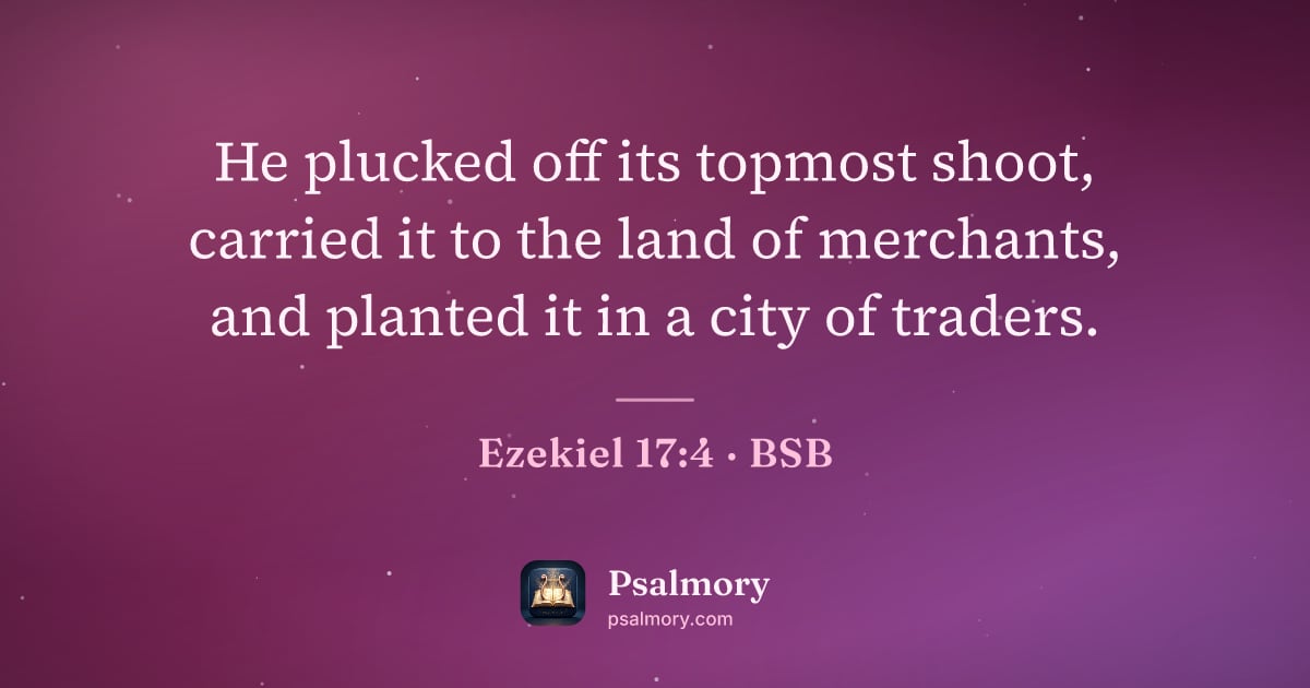 Ezekiel 17:4 verse artwork: He plucked off its topmost shoot, carried it to the land of merchants, and planted it in…