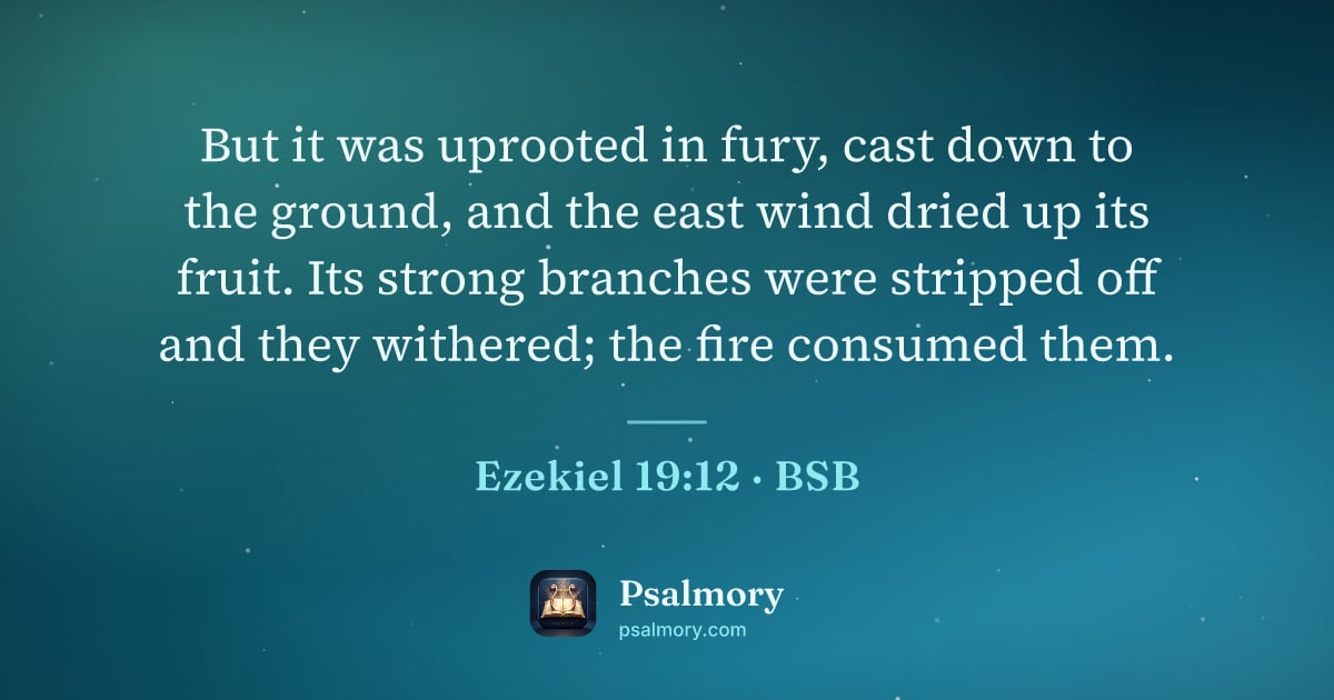 Ezekiel 19:12 verse artwork: But it was uprooted in fury, cast down to the ground, and the east wind dried up its…