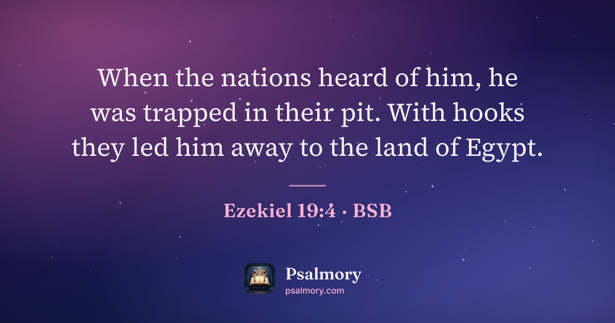 Ezekiel 19:4 verse artwork: When the nations heard of him, he was trapped in their pit. With hooks they led him away…