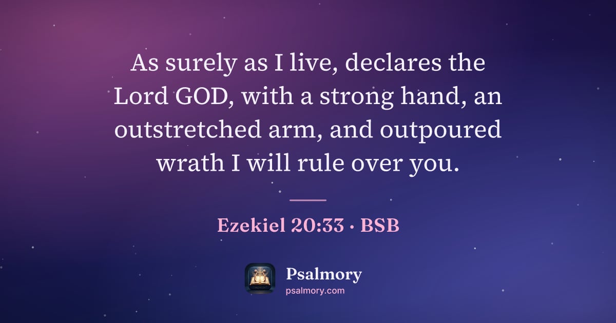 Ezekiel 20:33 verse artwork: As surely as I live, declares the Lord GOD, with a strong hand, an outstretched arm, and…