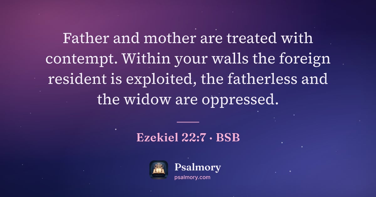 Ezekiel 22:7 verse artwork: Father and mother are treated with contempt. Within your walls the foreign resident is…