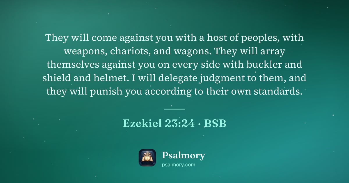Ezekiel 23:24 verse artwork: They will come against you with a host of peoples, with weapons, chariots, and wagons.…