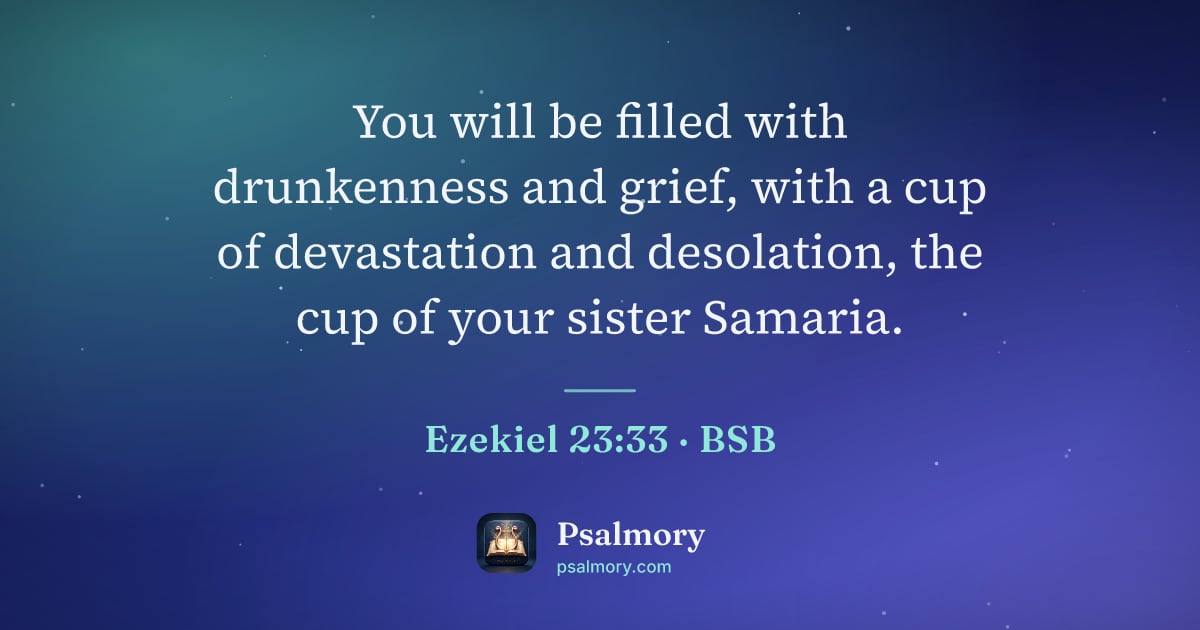 Ezekiel 23:33 verse artwork: You will be filled with drunkenness and grief, with a cup of devastation and desolation,…