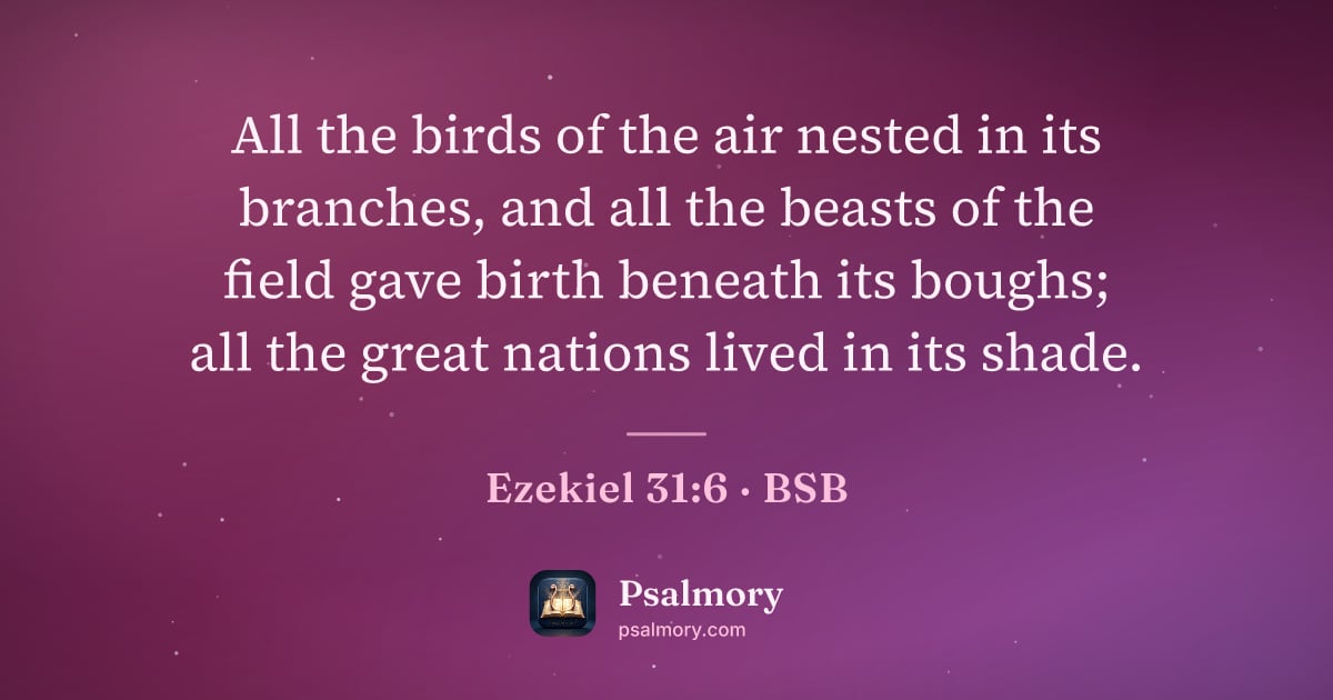 Ezekiel 31:6 verse artwork: All the birds of the air nested in its branches, and all the beasts of the field gave…
