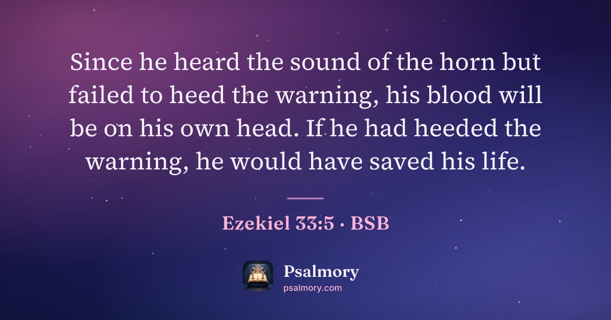 Ezekiel 33:5 verse artwork: Since he heard the sound of the horn but failed to heed the warning, his blood will be…