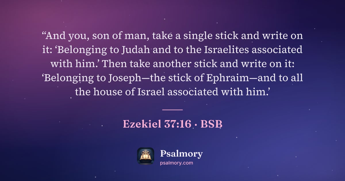 Ezekiel 37:16 verse artwork: “And you, son of man, take a single stick and write on it: ‘Belonging to Judah and to…
