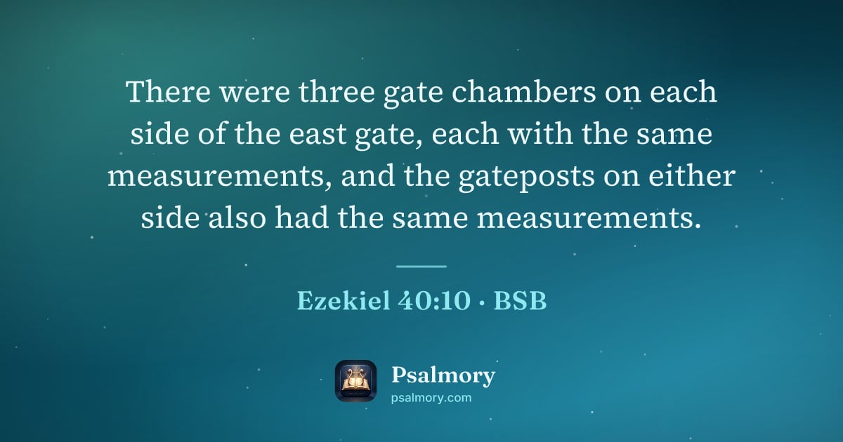 Ezekiel 40:10 verse artwork: There were three gate chambers on each side of the east gate, each with the same…