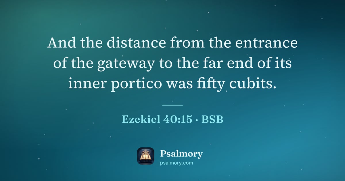 Ezekiel 40:15 verse artwork: And the distance from the entrance of the gateway to the far end of its inner portico…
