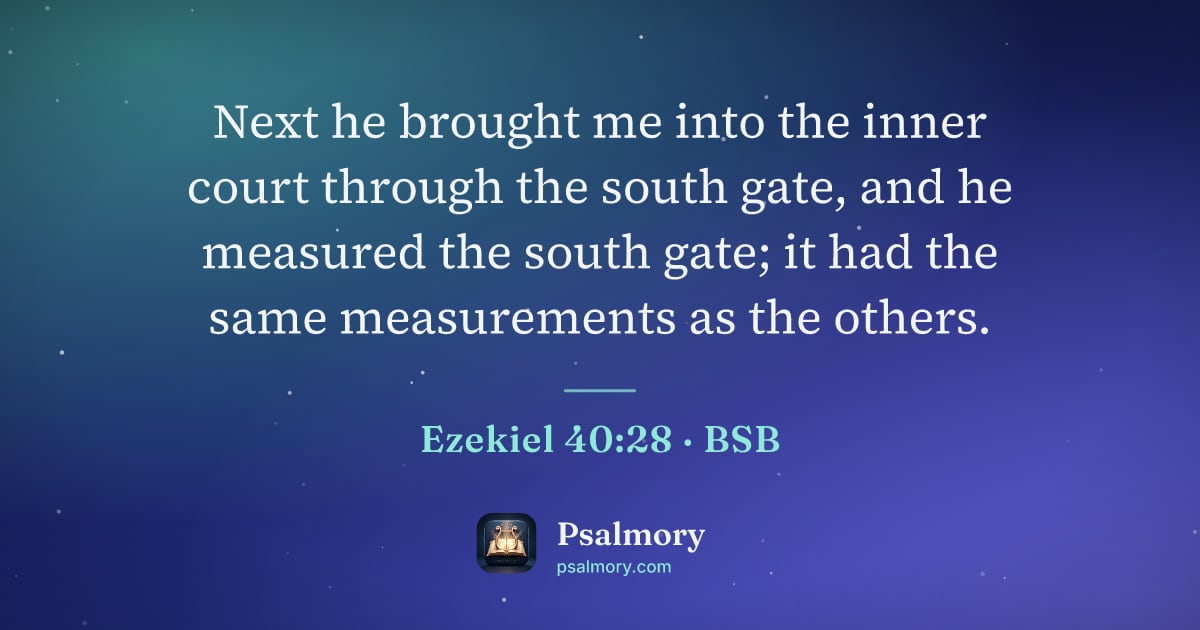 Ezekiel 40:28 verse artwork: Next he brought me into the inner court through the south gate, and he measured the…