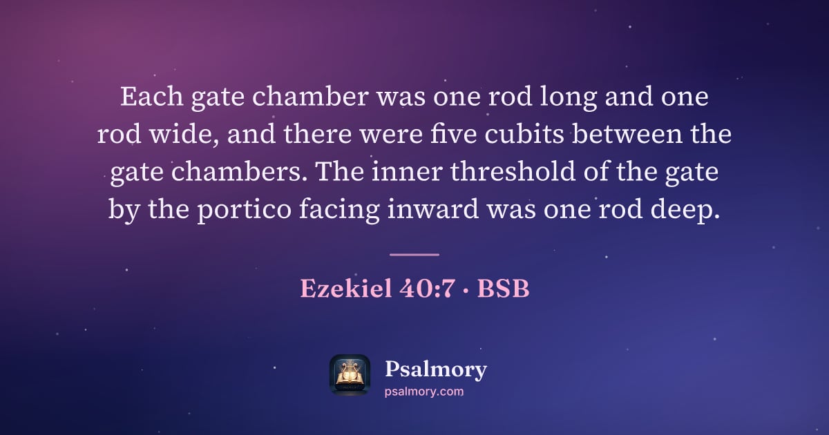 Ezekiel 40:7 verse artwork: Each gate chamber was one rod long and one rod wide, and there were five cubits between…
