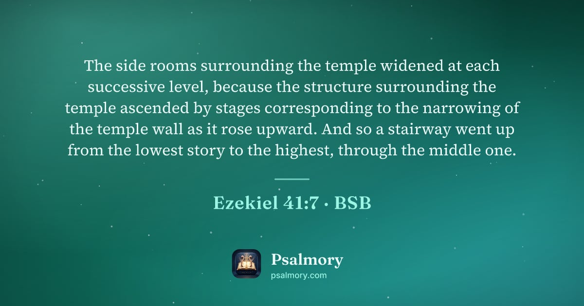 Ezekiel 41:7 verse artwork: The side rooms surrounding the temple widened at each successive level, because the…