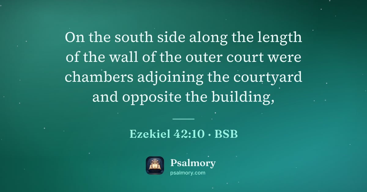 Ezekiel 42:10 verse artwork: On the south side along the length of the wall of the outer court were chambers…