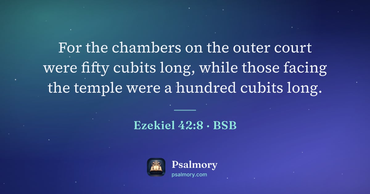 Ezekiel 42:8 verse artwork: For the chambers on the outer court were fifty cubits long, while those facing the…