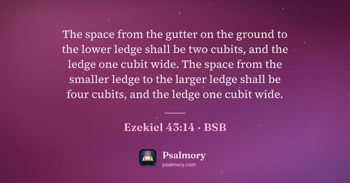 Ezekiel 43:14 verse artwork: The space from the gutter on the ground to the lower ledge shall be two cubits, and the…