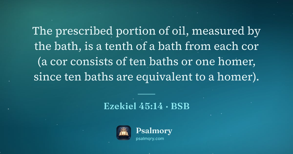 Ezekiel 45:14 verse artwork: The prescribed portion of oil, measured by the bath, is a tenth of a bath from each cor…