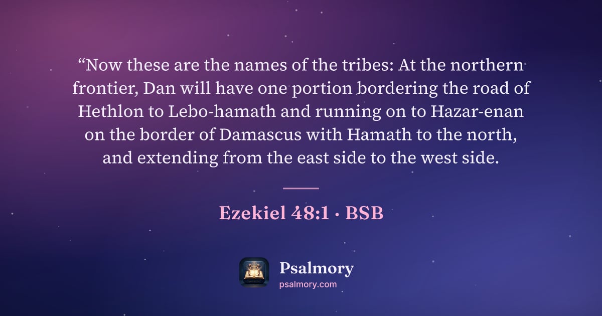 Ezekiel 48:1 verse artwork: “Now these are the names of the tribes: At the northern frontier, Dan will have one…