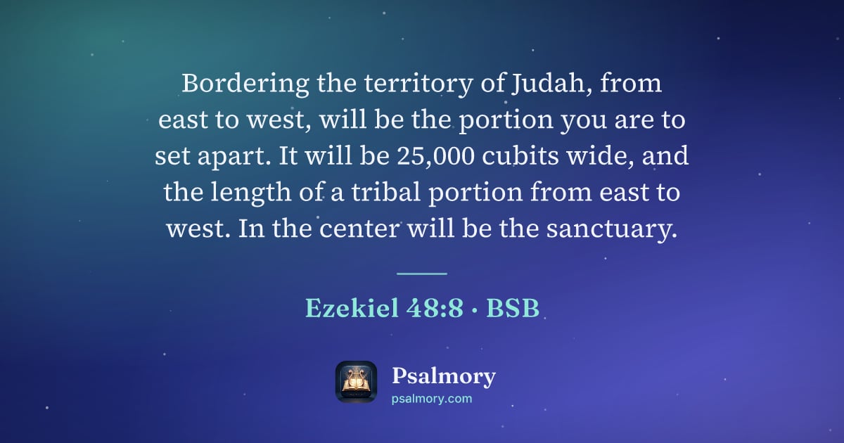 Ezekiel 48:8 verse artwork: Bordering the territory of Judah, from east to west, will be the portion you are to set…