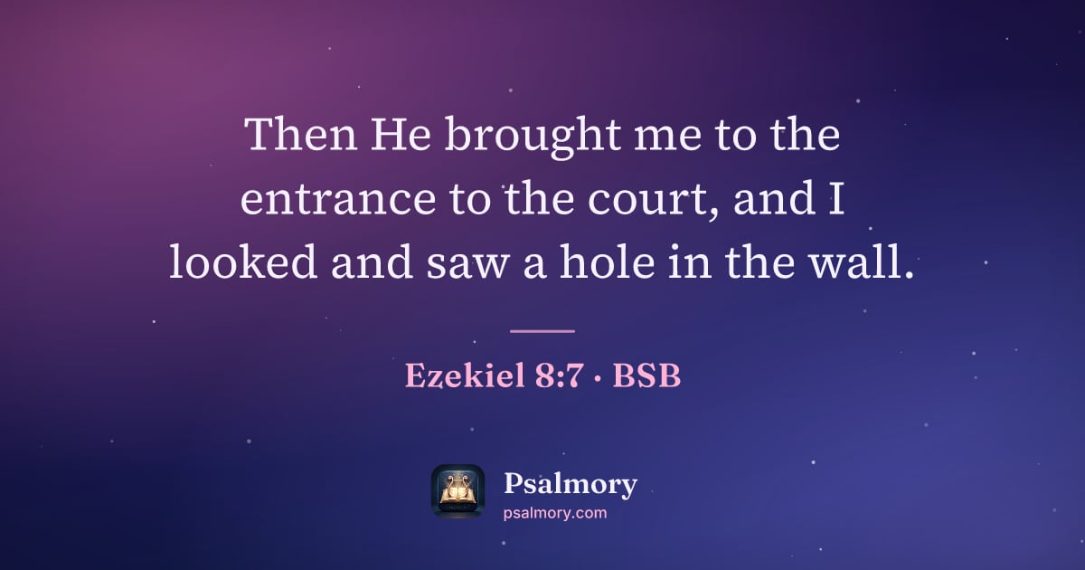 Ezekiel 8:7 verse artwork: Then He brought me to the entrance to the court, and I looked and saw a hole in the wall.