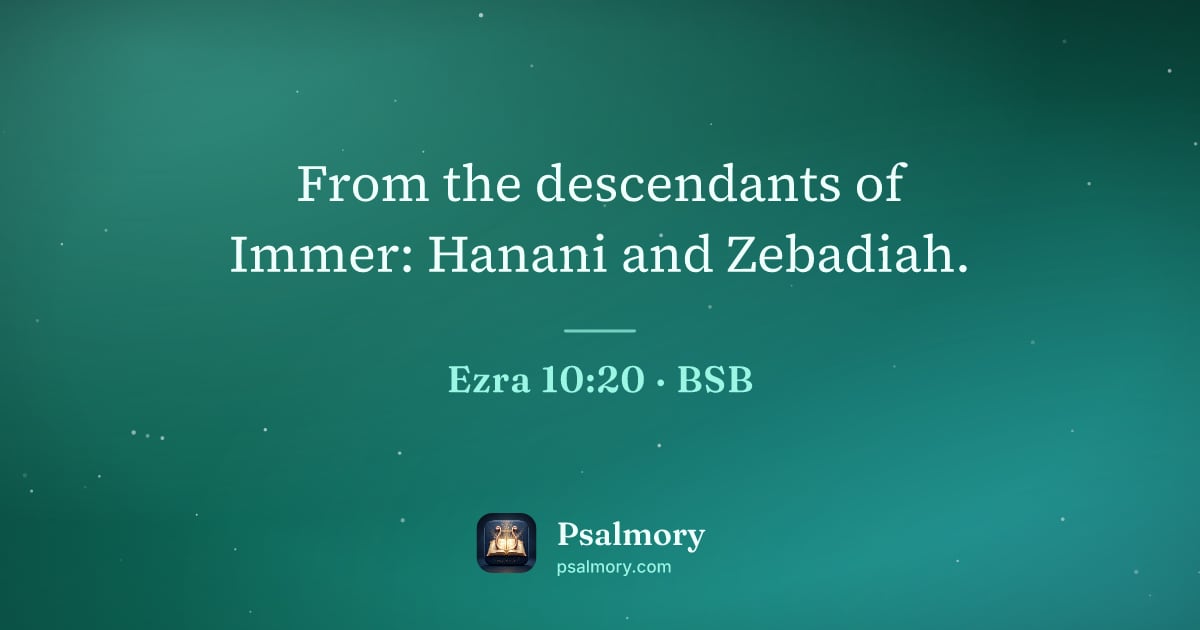 Ezra 10:20 verse artwork: From the descendants of Immer: Hanani and Zebadiah.