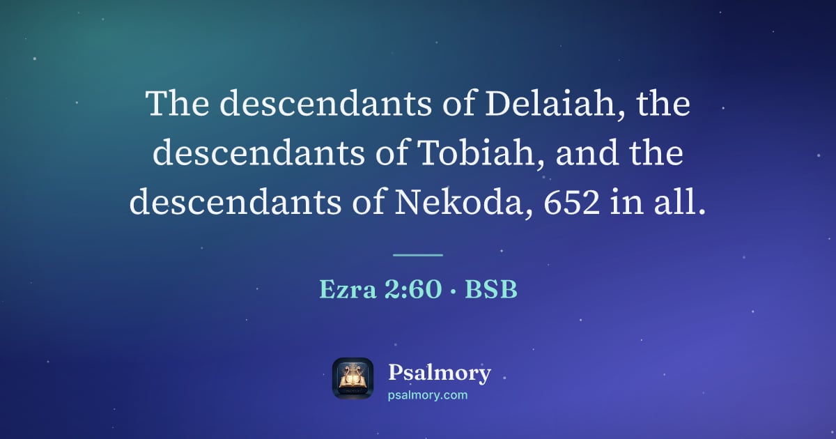 Ezra 2:60 verse artwork: The descendants of Delaiah, the descendants of Tobiah, and the descendants of Nekoda,…