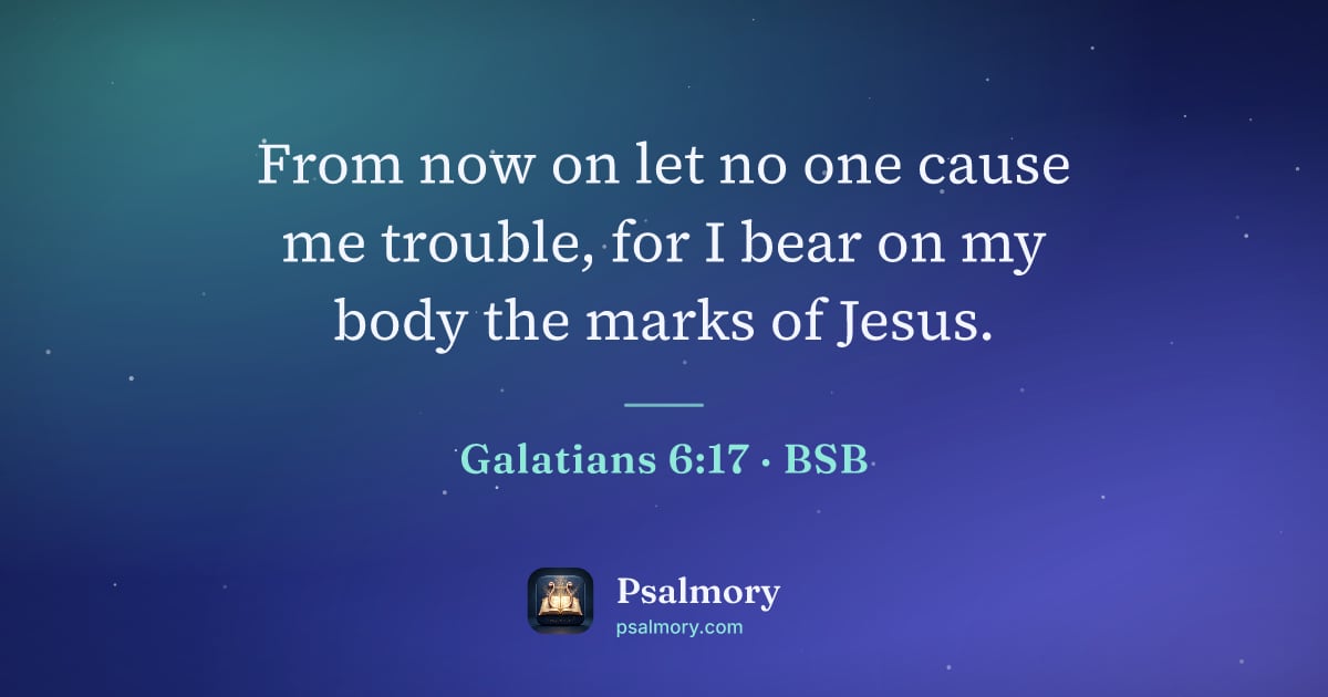 Galatians 6:17 verse artwork: From now on let no one cause me trouble, for I bear on my body the marks of Jesus.