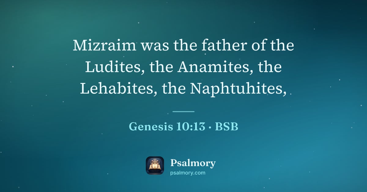 Genesis 10:13 verse artwork: Mizraim was the father of the Ludites, the Anamites, the Lehabites, the Naphtuhites,