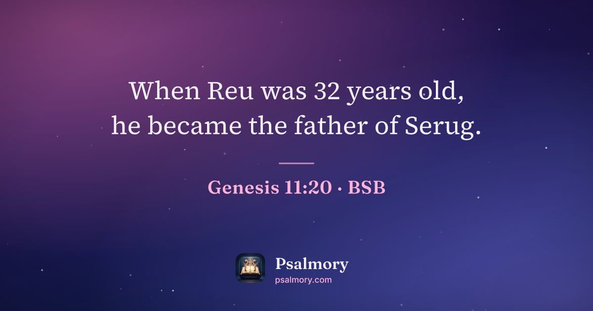 Genesis 11:20 verse artwork: When Reu was 32 years old, he became the father of Serug.
