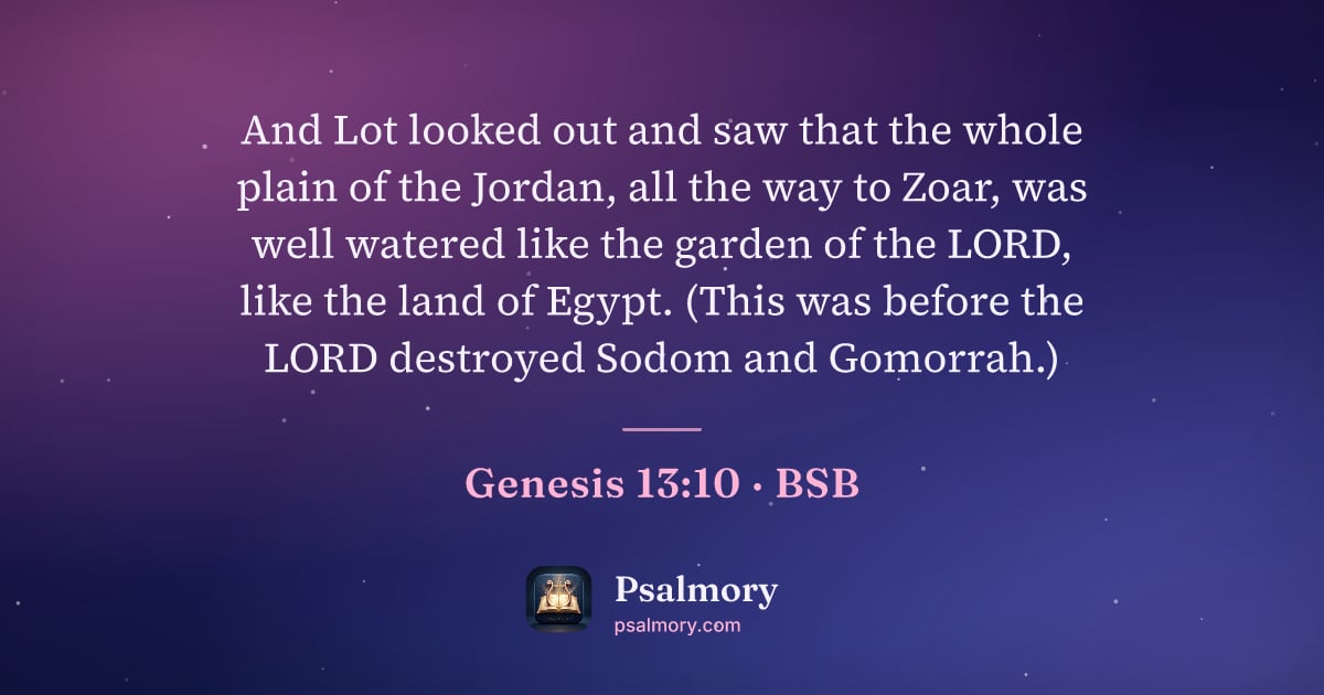 Genesis 13:10 verse artwork: And Lot looked out and saw that the whole plain of the Jordan, all the way to Zoar, was…
