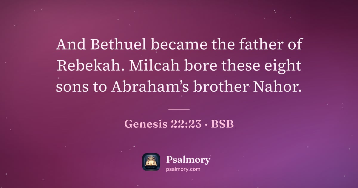 Genesis 22:23 verse artwork: And Bethuel became the father of Rebekah. Milcah bore these eight sons to Abraham’s…