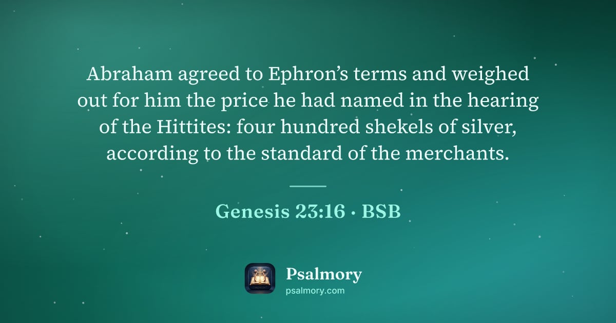 Genesis 23:16 verse artwork: Abraham agreed to Ephron’s terms and weighed out for him the price he had named in the…