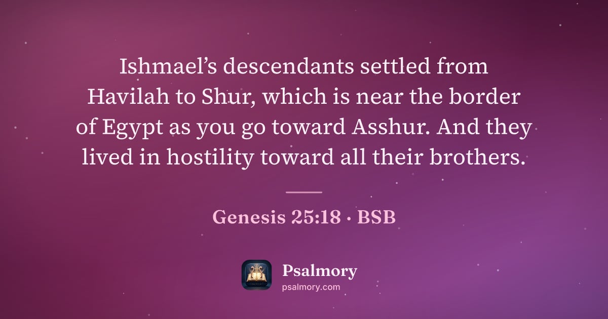 Genesis 25:18 verse artwork: Ishmael’s descendants settled from Havilah to Shur, which is near the border of Egypt as…