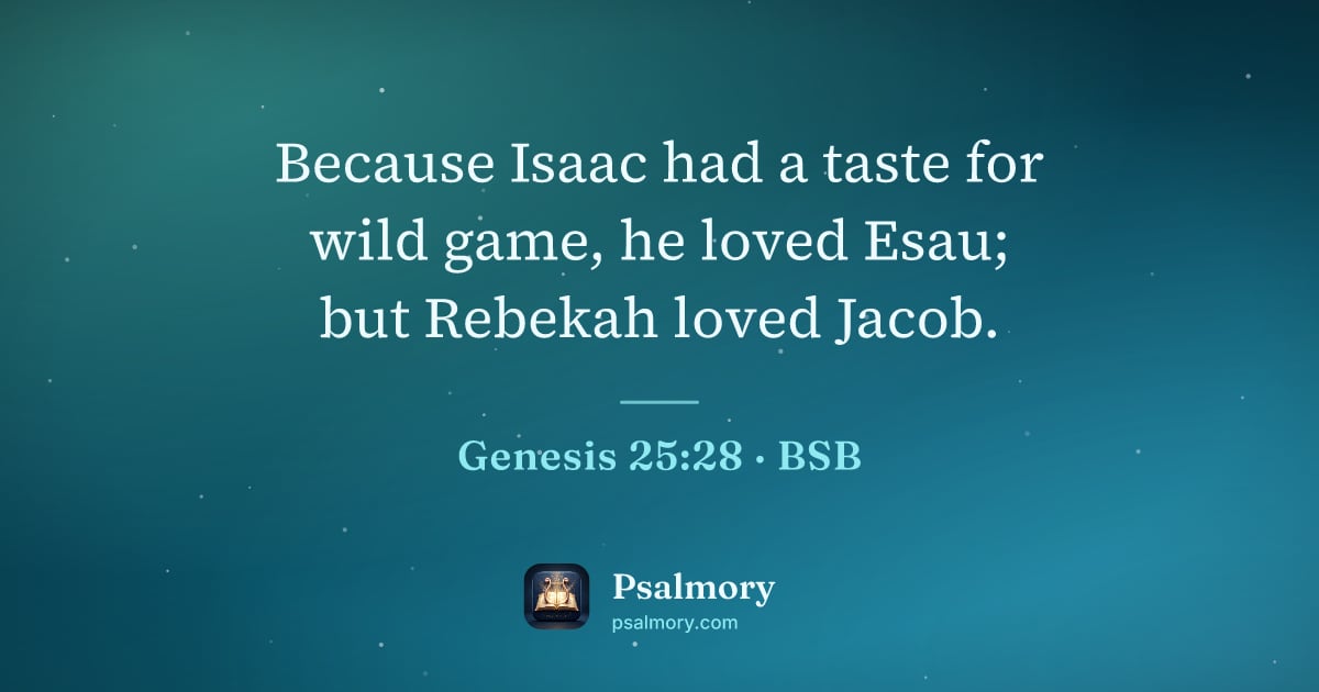 Genesis 25:28 verse artwork: Because Isaac had a taste for wild game, he loved Esau; but Rebekah loved Jacob.