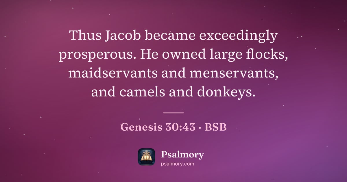 Genesis 30:43 verse artwork: Thus Jacob became exceedingly prosperous. He owned large flocks, maidservants and…