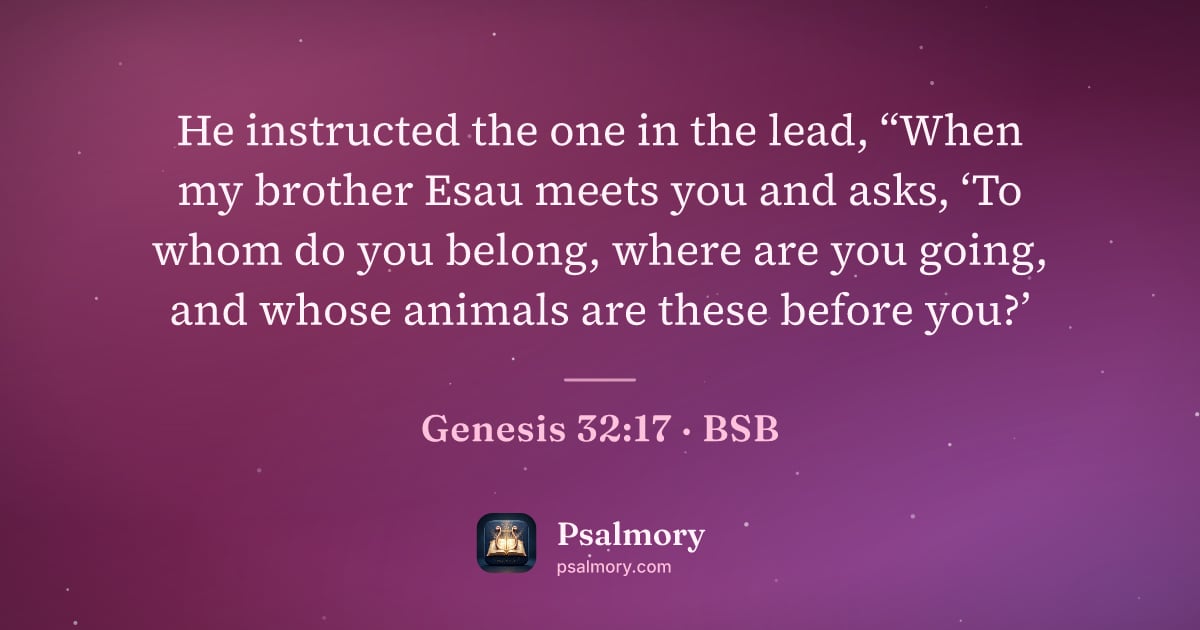 Genesis 32:17 verse artwork: He instructed the one in the lead, “When my brother Esau meets you and asks, ‘To whom do…