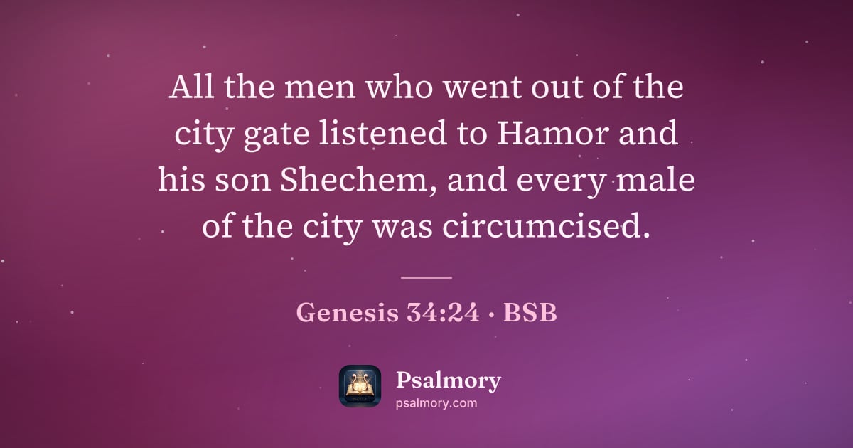 Genesis 34:24 verse artwork: All the men who went out of the city gate listened to Hamor and his son Shechem, and…