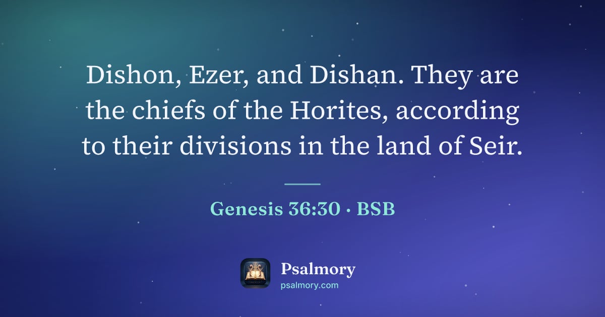 Genesis 36:30 verse artwork: Dishon, Ezer, and Dishan. They are the chiefs of the Horites, according to their…