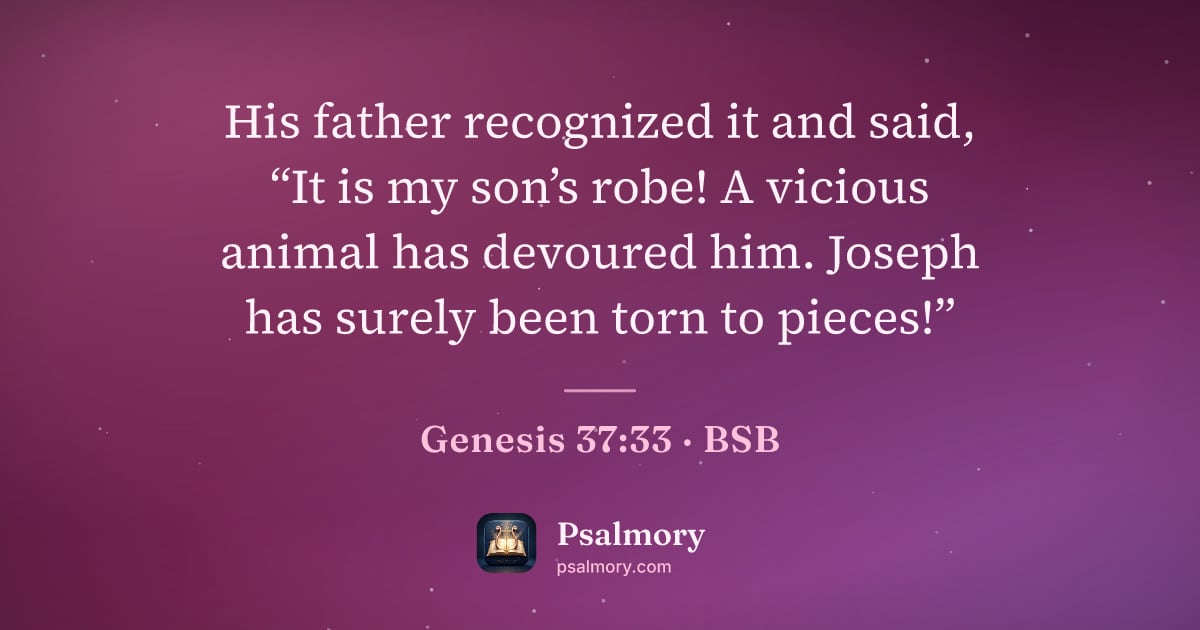 Genesis 37:33 verse artwork: His father recognized it and said, “It is my son’s robe! A vicious animal has devoured…