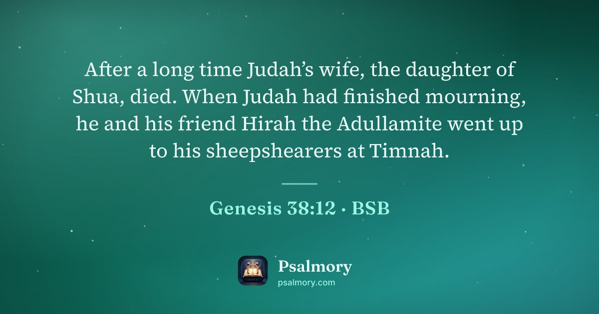 Genesis 38:12 verse artwork: After a long time Judah’s wife, the daughter of Shua, died. When Judah had finished…